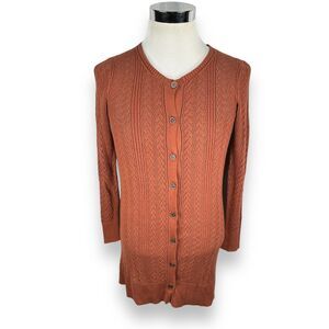 Peruvian Connection Cardigan Sweater Womens XS Rust Open Knit Long Duster Cotton